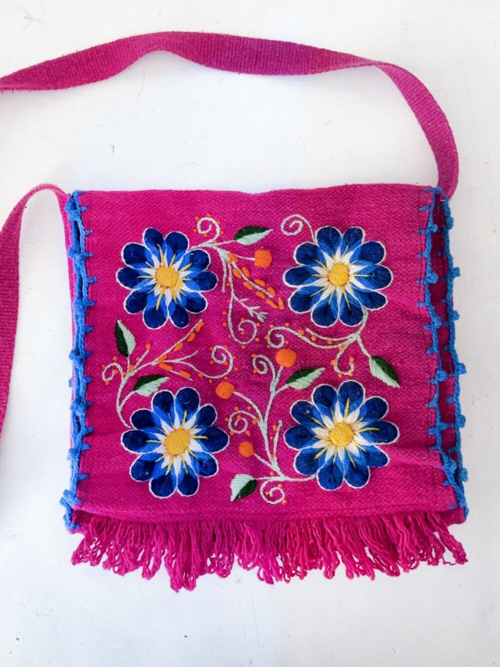 Peru Andean Embroidered Wool Colorful Floral Messenger Shoulder Bag Fringe Boho